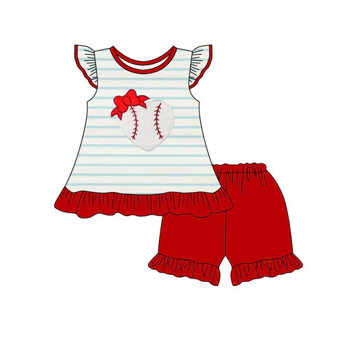 3.25 GSSO2446 Baby Girls Blue Stripe Flutter Sleeves Heart Baseball Tunic Red Ruffle Short Set Preorder