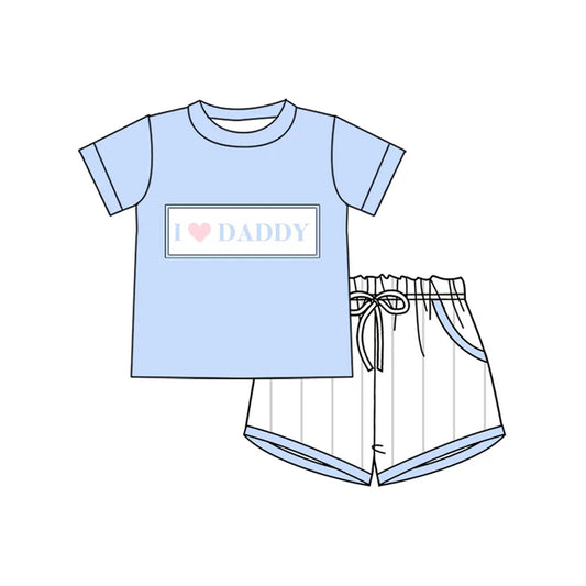 3.23 BSSO1434 Baby Boys Blue Short Sleeves I LOVE DADDY Top Stripe Pockets Short Set Preorder