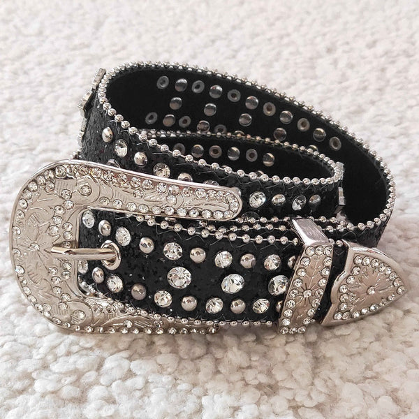 GB0005-M Kids Black Sparkly Rhinestones Belts 31.8 inches