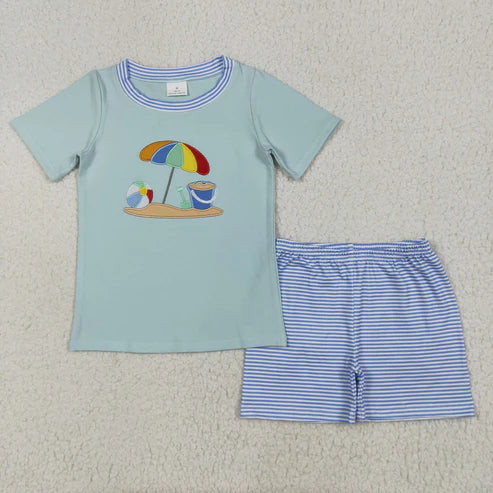 6.23 BSSO1485 Embroidery Baby Boys Short Sleeves Beach Top Blue Stripe Short Set