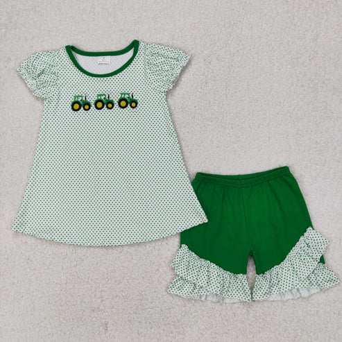4.2 GSSO2268 Baby Girls Green Farm Trucks Tunic Tops Ruffle Shorts Clothes Set