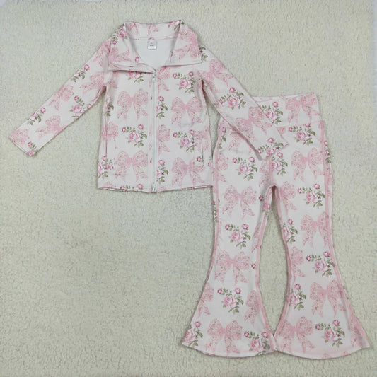 8.15 GT1075+P0768 Baby Girls Pink Floral Bows Pockets Zipper Top Bell Bottom Pant Yoga Set