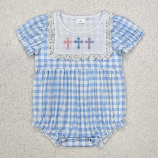 3.11 SR2133 Baby Infant Girls Easter Blue Checkered Cross Romper