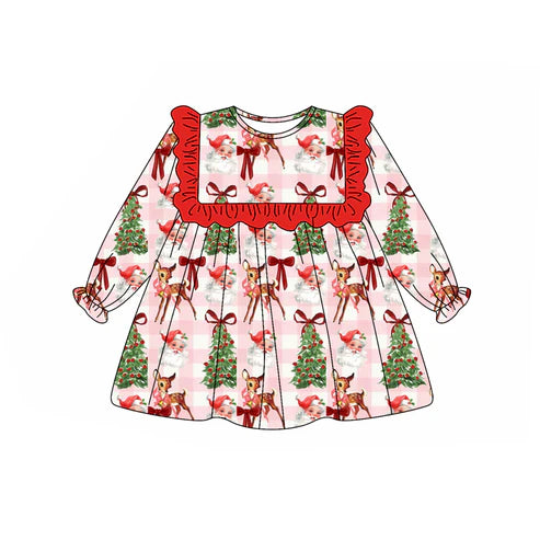 6.6  GLD1092 Baby Girls Plaid Long Ruffle Sleeves Santa Trees Knee Length Dresses Preorder