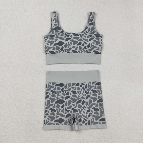 9.13 GT1186+SS0643 Adult Women Grey Camo Crop Bra Top Shorts Yoga Outfits Set