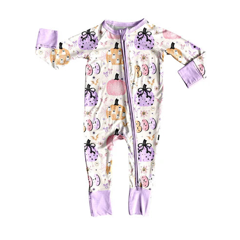 7.26 LR2474 Baby Girls Long Sleeves Ghosts Pumpkins Plaid Zipper Pant Rompers Preorder