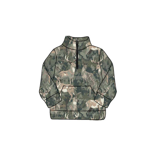 8.28  GT1180 Baby Girls Olive Deer Camo Pockets Zipper Yoga Pullovers Top Preorder