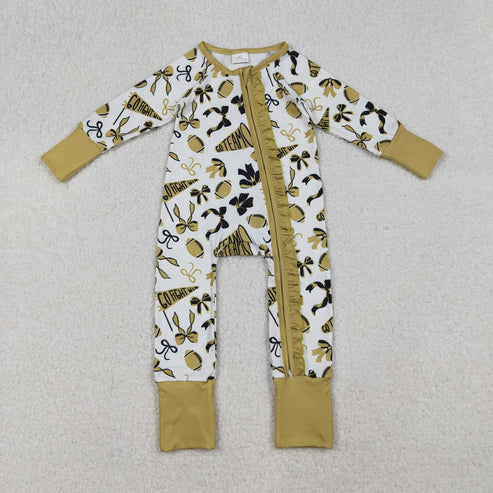 11.1 Sibling Baby Girls Gold Bows Footballs Go Team Ruffle Zipper Footie Romper Knee Length Dress