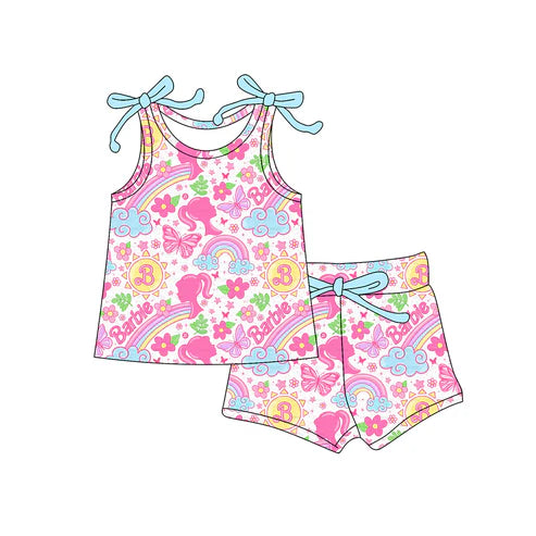 4.19 GSSO2557 Baby Girls Bows Sleeveless Cartoon Dolls Flowers Top Short Set Preorder