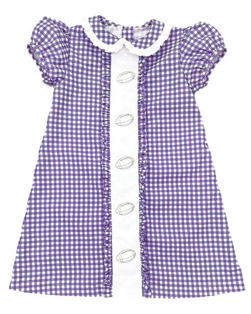 8.7 GSD2799 Baby Girls Purple Plaid Footballs Button Team Knee Length Dresses Preorder