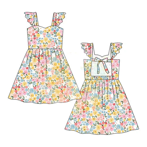 3.22  GSD2207 Baby Girls Flutter Sleeves Yellow Floral Backless Bow Knee Length Dresses Preorder