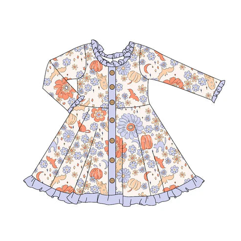 6.6 GLD1107 Baby Girls Long Ruffle Sleeves Daisy Flowers Pumpkins Button Knee Length Dresses Preorder