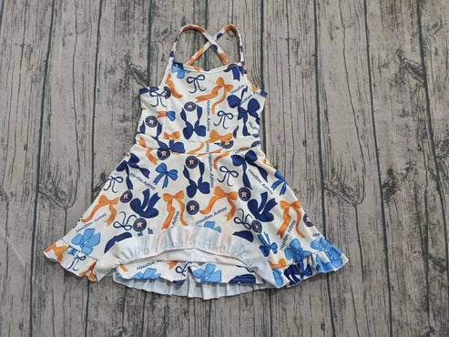7.31  Custom Moq 5 Baby Girls Blue Orange Bows Houston Astros Short Ruffle Team Knee Length Dresses