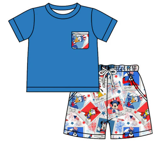 5.13 July 4th Boys cartoon fireworks blue short sleeve shorts pocket set