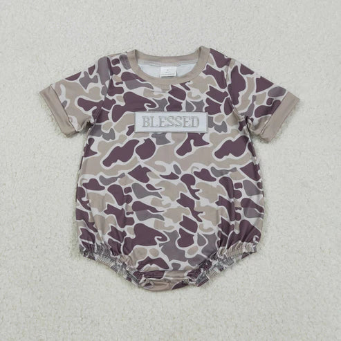 12.8 SR3263 Embroidery Baby Boys Blessed Dark Grey Camo Southern Romper
