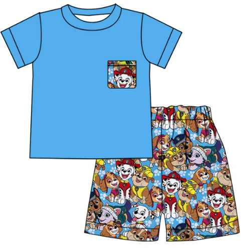 5.7 Boy cartoon dog blue short-sleeved shorts set