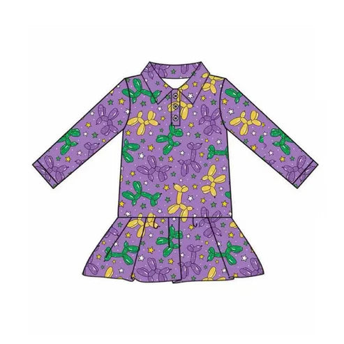 10.1 GT1260 Baby Girls Purple Long Sleeve Stars Dogs Mardigras Button Ruffle Top Preorder