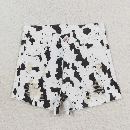 L-3.7  SS0332 White cow-print ripped denim shorts