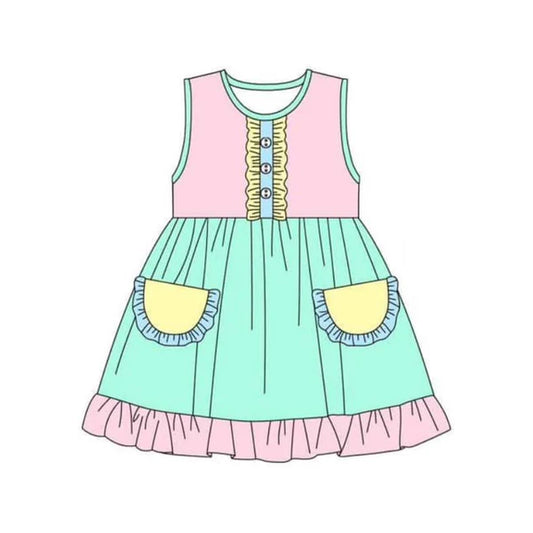 L-3.4 GSD1957 Baby Girls Pink Green Pockets Knee Length Dresses Preorder