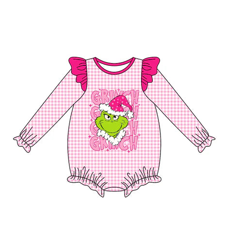 8.4 LR2554 Baby Girls Green Face Christmas Rompers Preorder