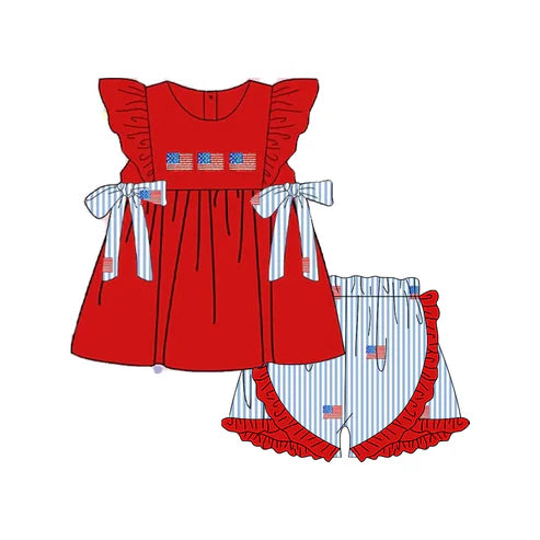 3.20 GSSO2375 Baby Girls Red Flutter Sleeves Flags Bows Tunic Stripe Ruffle Short 4th Of July Set Preorder