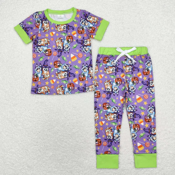 BSPO0409 Cartoon dog Halloween Candy Stars purple-green short-sleeved pants pajamas set