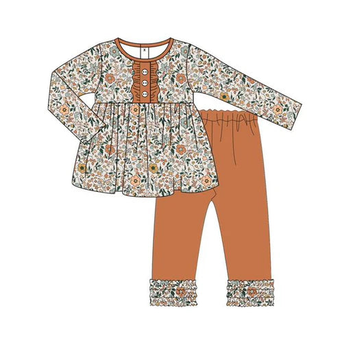6.7 GLP2404 Baby Girls Long Sleeves Orange Floral Button Tunic Ruffle Pant Set Preorder
