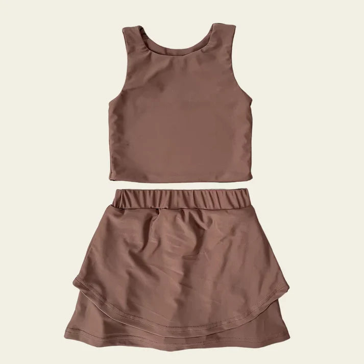 6.12 GSD2666 Baby Girls Sleeveless Dark Brown Vest Top Short Skirts Yoga Set Preorder