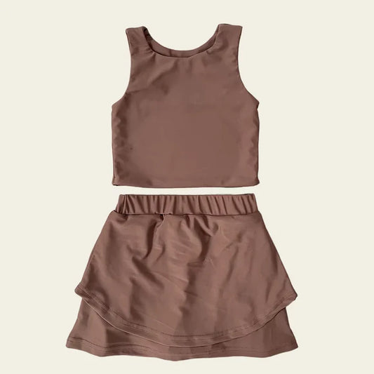6.12 GSD2666 Baby Girls Sleeveless Dark Brown Vest Top Short Skirts Yoga Set Preorder
