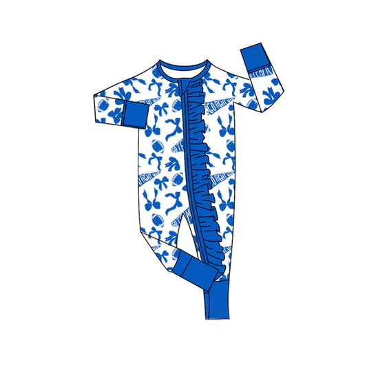 8.2 LR2511 Baby Girls Blue Bows Footballs Plaid Ruffle Zipper Team Rompers Preorder