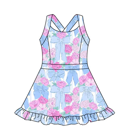 5.23GSD2570 Baby Girls Strap Blue Bows Flowers Activity Wear Yoga Knee Length Dresses Preorder
