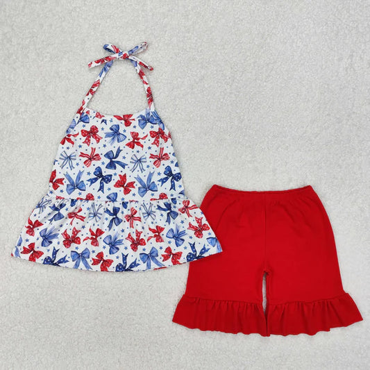 3.17 GSSO1928 Baby Girls 4th of July Bows Halter Tunic Shorts Clothes Set