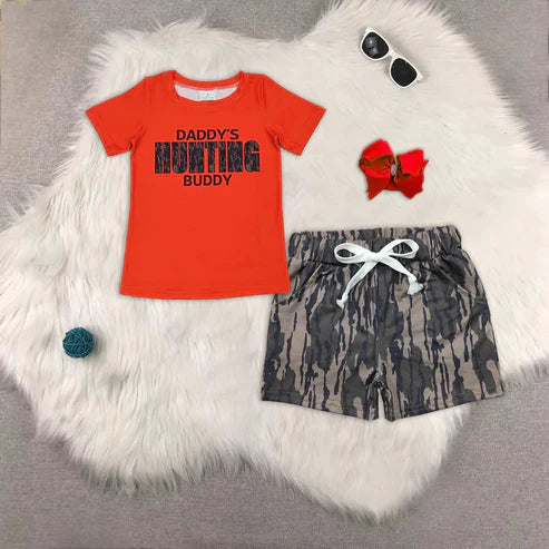 4.29 BT0672+SS0201 Baby Boys Daddy's Buddy Shirts Top Bottomland Camo Pockets Shorts Western Hunting Set