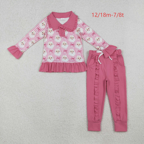 10.16 GLP2881 Baby Girls Pink Checked Santa Button Top Pockets Pants Christmas Clothes Set