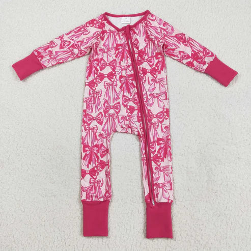 8.13 LR2365 Baby Girls Long Sleeves Pink Bows Zipper Pant Romper