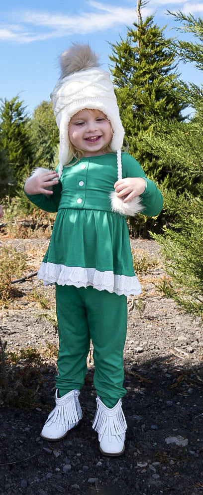 5.24 GLP1945 Baby Girls Christmas Green Ruffle Tunic Top Pants Clothes Sets Preorder
