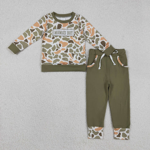 11.26 BLP1339 Embroidery Baby Boys Green Orange Camo Mama's Boy Top Pockets Jogger Pants Clothes Set