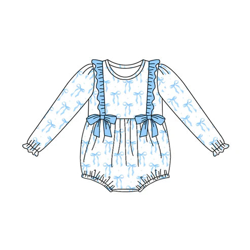 6.5 LR2043 Baby Infant Girls Blue Bows Long Sleeve Rompers preorder
