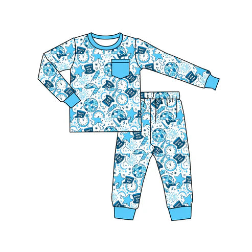 9.2 BLP1259 Baby Boys Light Blue Pocket Happy New Year Top Pant Pajamas Set Preorder