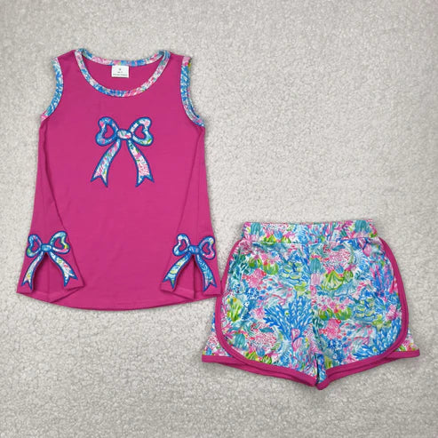 4.15 GSSO2149 Embroidery Baby Girls Bow Tunic Top Flowers Shorts Clothes Set