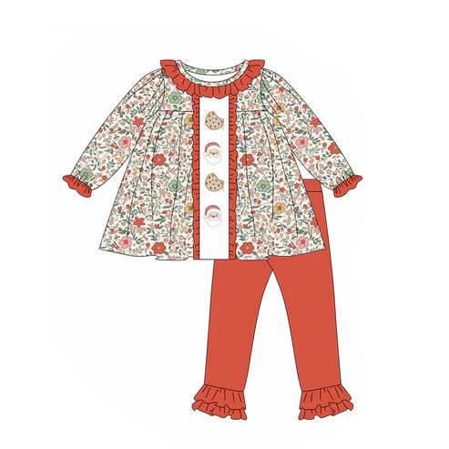 5.19  GLP2365 Baby Girls Long Sleeves Orange Floral Santa Cakes Tunic Ruffle Pant Set Preorder