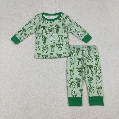 GLP2840 Baby Girls Green Clovers Bows Top Pants St Patrick Pajamas Sets