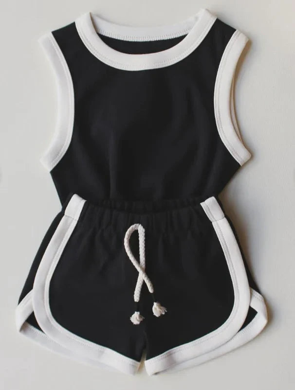 6.18  GSSO2628 Baby Girls Black Sleeveless Vests Top Sport Shorts Cotton Set Preorder