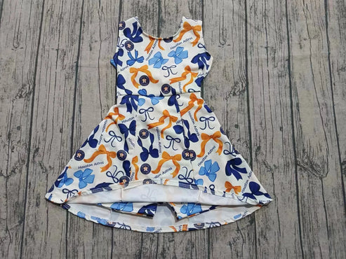 7.31  Custom Moq 5 Baby Girls Blue Orange Bows Plaid Houston Astros Short Team Knee Length Dresses