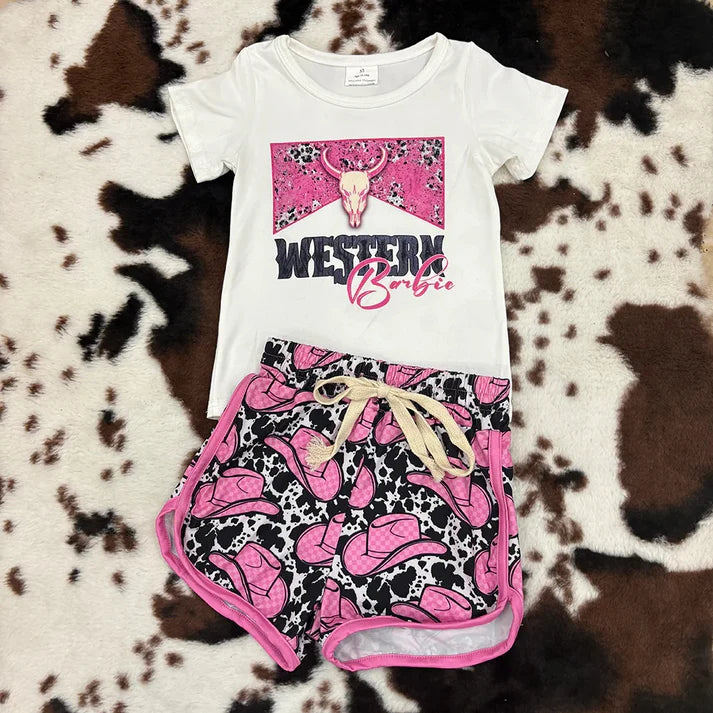 3.14 GT0134+SS0091 Baby Girls Western Doll Shirt Hats Shorts Outfits Set