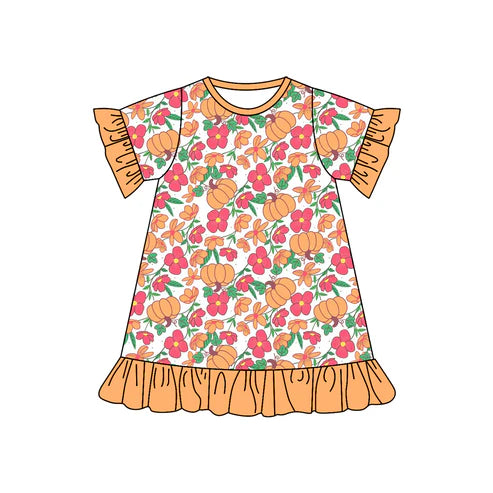 6.18 GSD2541 Baby Girls Short Ruffle Sleeves Flowers Pumpkins Knee Length Dress Preorder