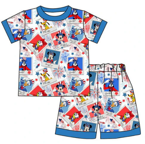 5.13 Boys July 4th cartoon fireworks blue short-sleeved shorts set