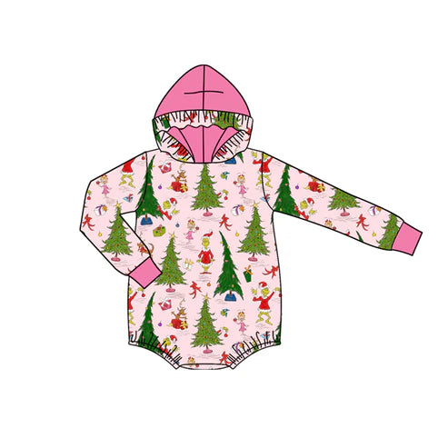 8.16 LR2569 Baby Girls Green Face Christmas Trees Hoodirs Rompers Preorder
