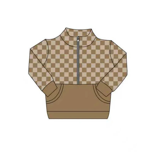 9.8 Custom Moq 5 Baby Girls Khaki Checked Zipper Pockets Long Sleeves Pullovers Tops