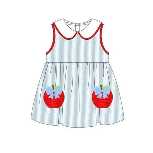 3.23 GSD2224 Baby Girls Sleeveless Blue Stripe Bows Apples Knee Length Dresses Preorder